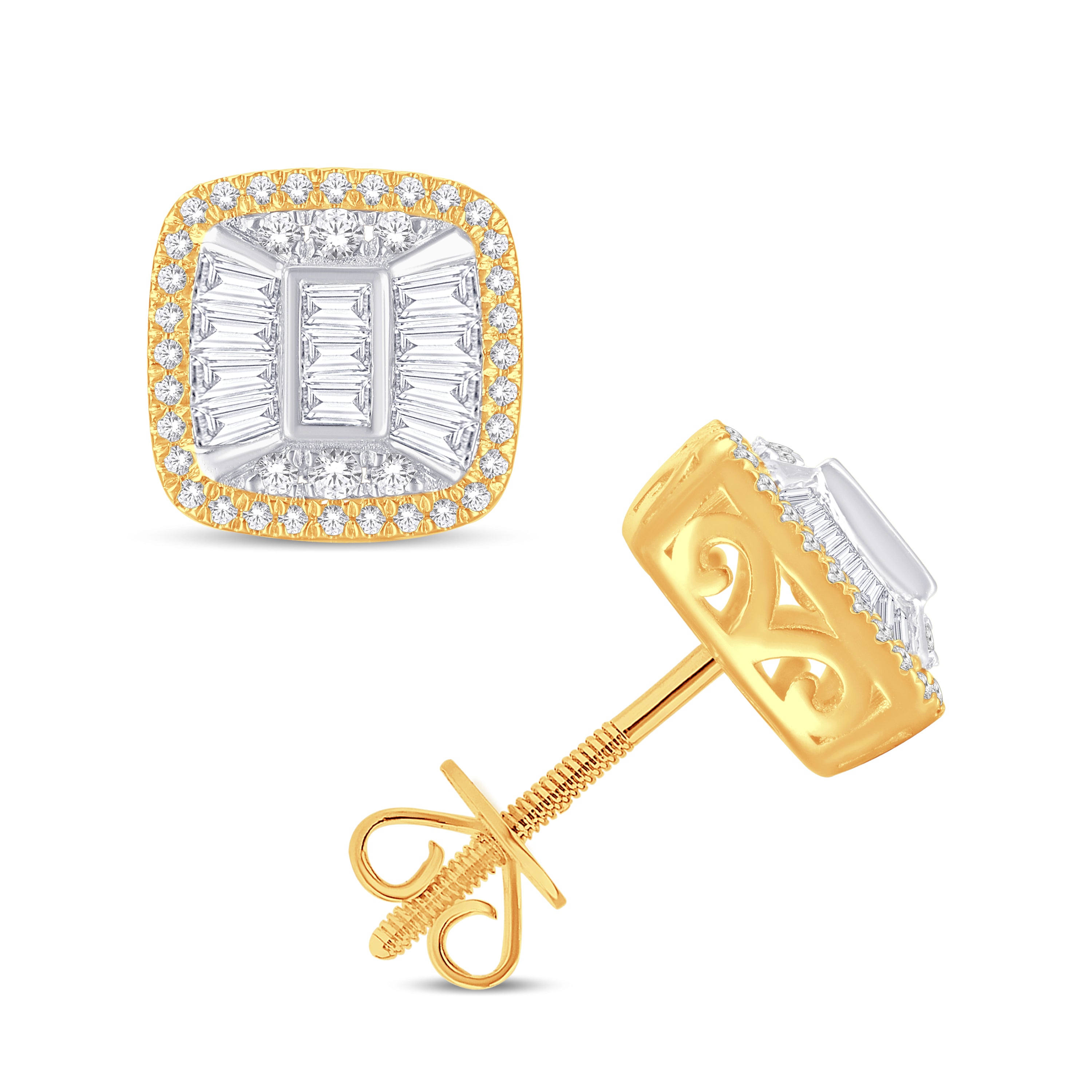 14 Karat Two-Tone (Yellow and White) Gold 0.57 Carat Diamond Cushion Earrings-0128190-YW