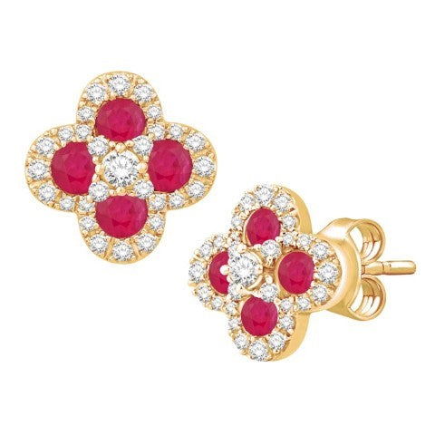 14 Karat Yellow Gold 1.21 Carat Diamond (0.81 Ruby) Flower Earrings-0132227-YG