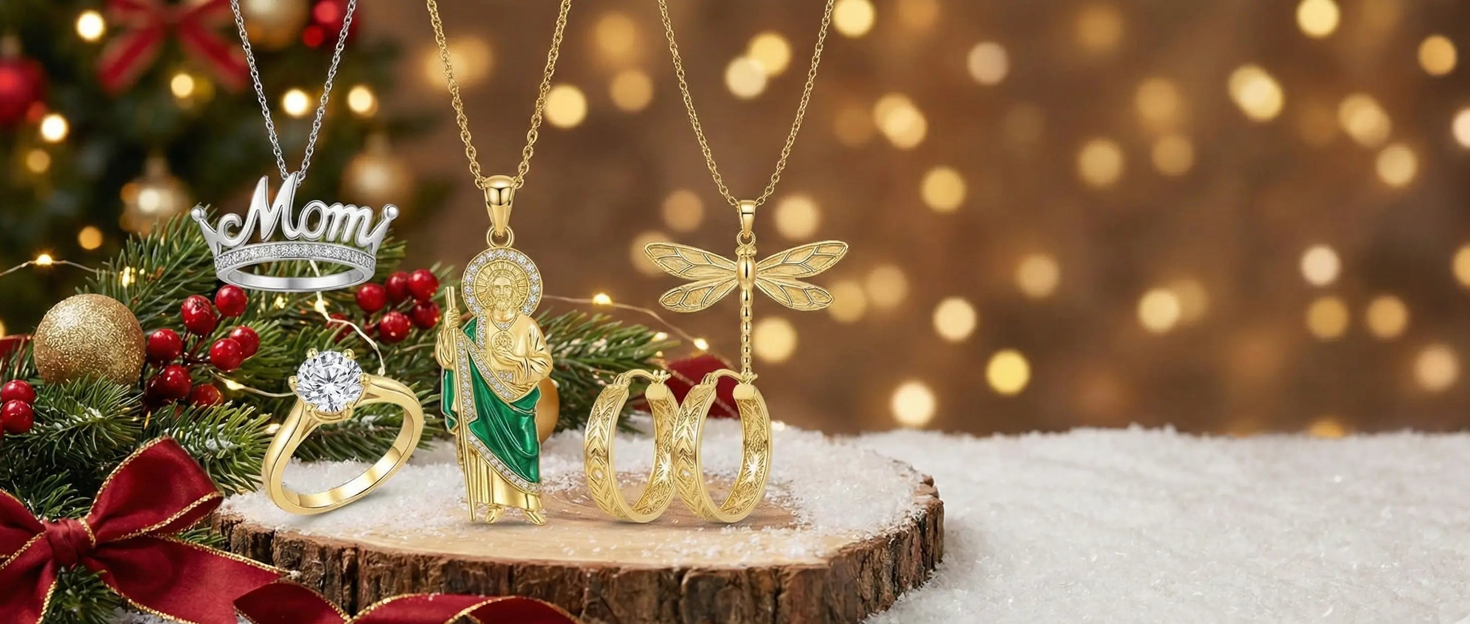 Decorative Christmas ornaments on a wooden slice with a festive background