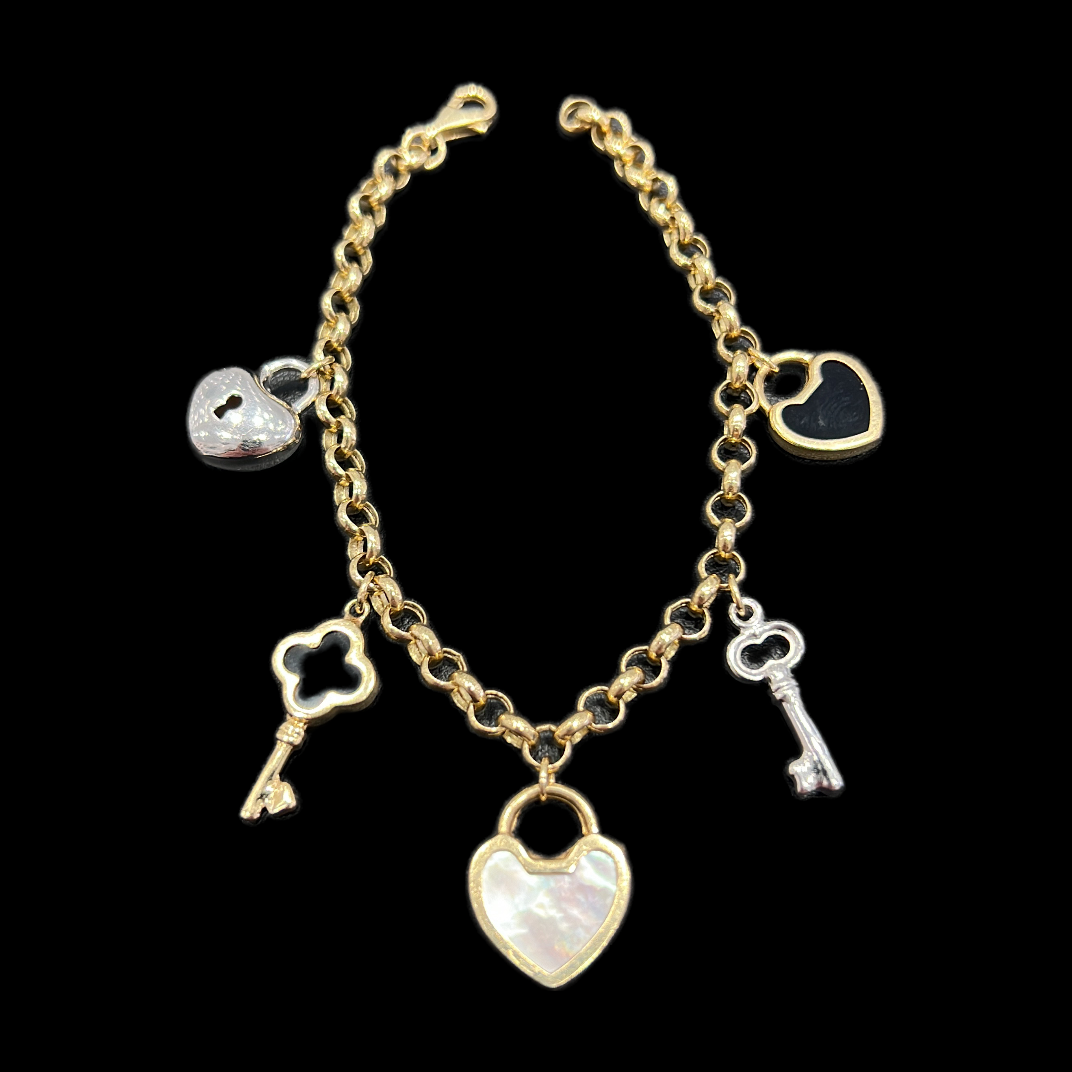 14KT Gold Key Heart Charm Womens Bracelet