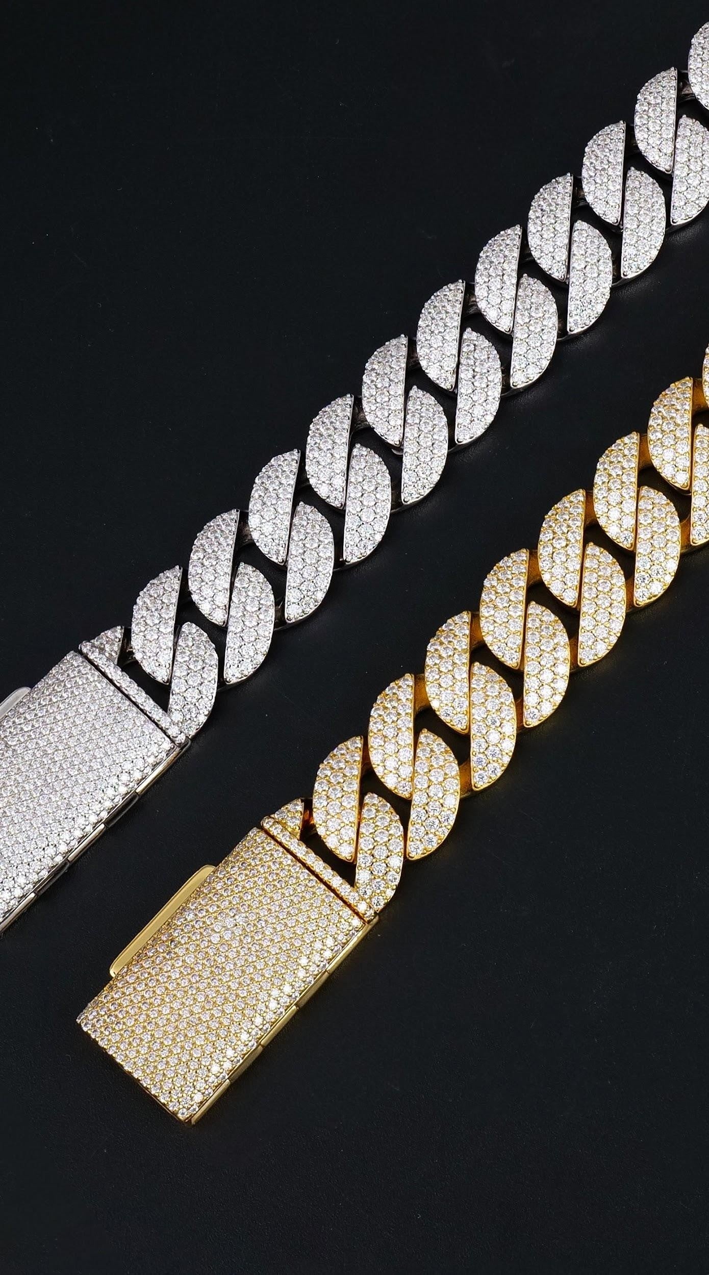 925 Silver moissanite Cuban link 18.0mm 3 row round