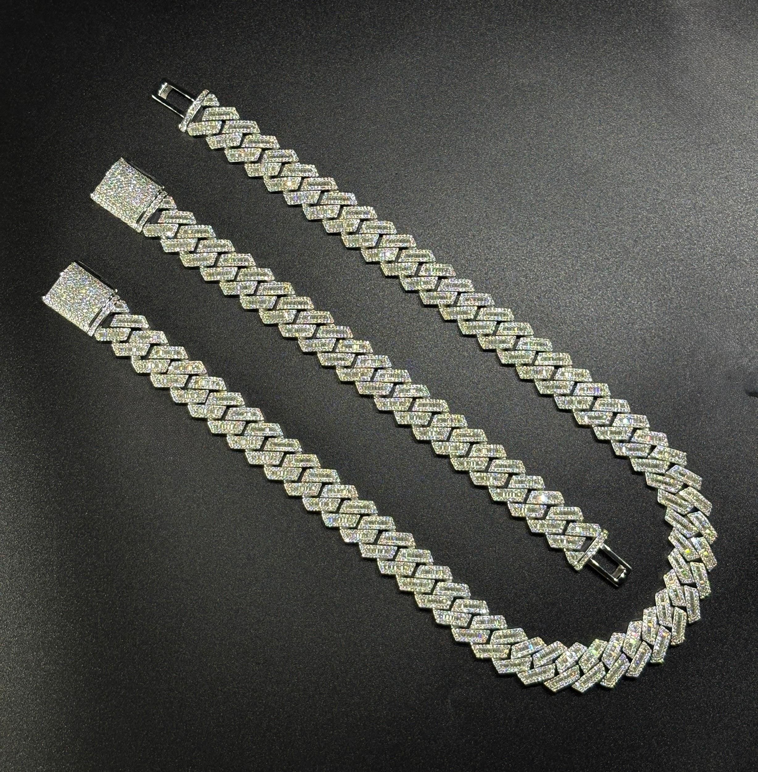 925 Silver moissanite Cuban link 16mm SQ Middle Baguette