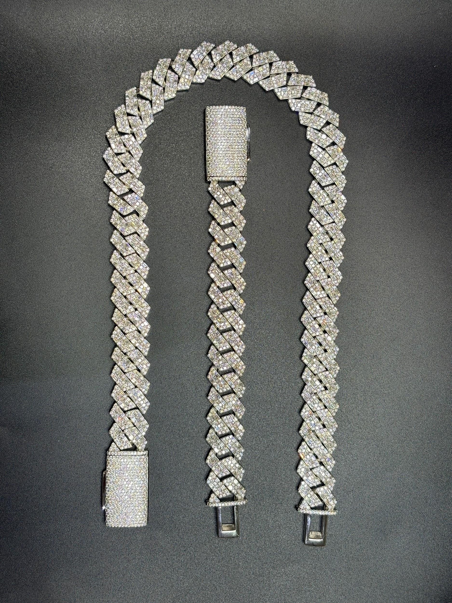 925 Silver moissanite Cuban link 18mm Round + Baguette