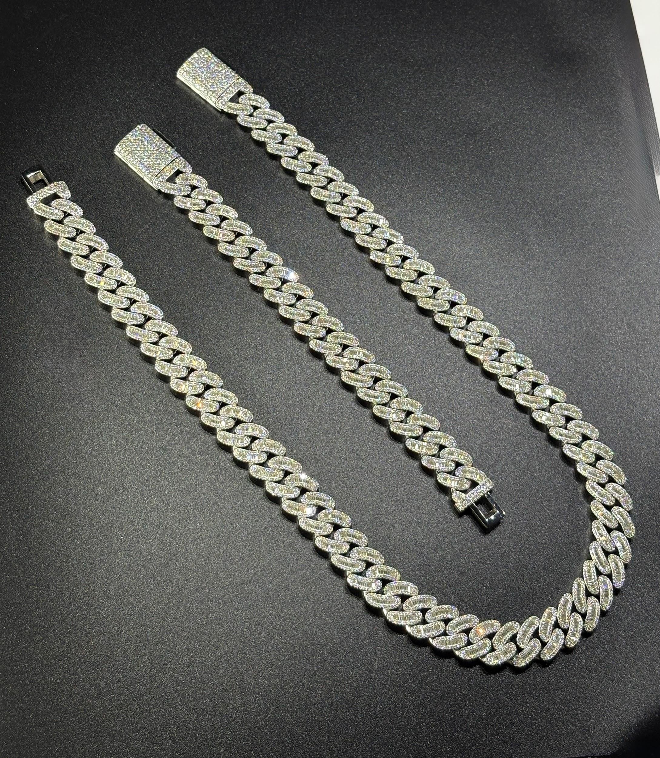 925 Silver moissanite Cuban link 14mm Arc Middle Baguette