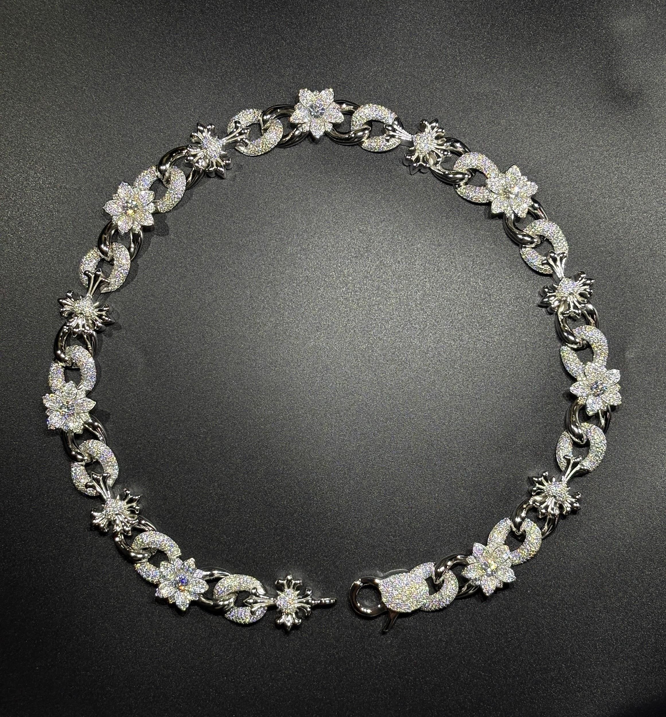 925 Silver moissanite Cuban link 18mm Flower Cross Chain